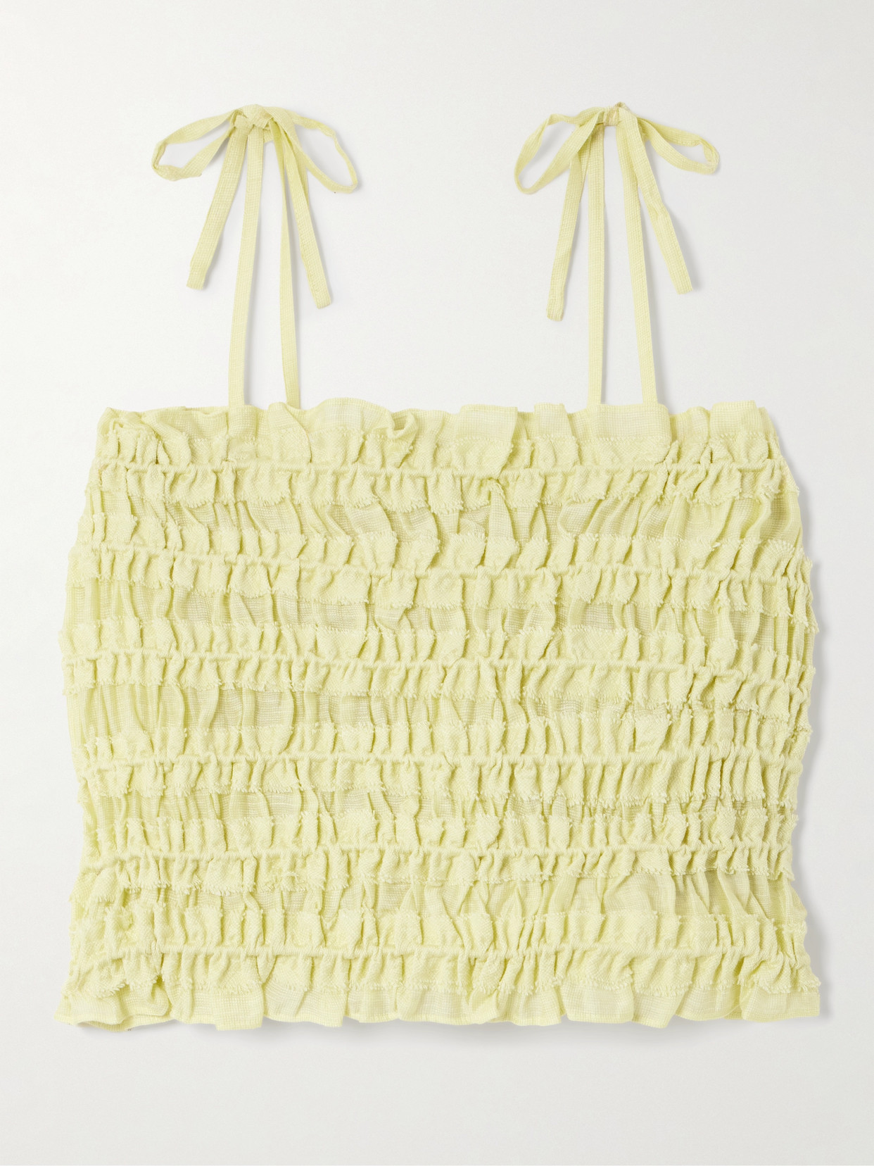 Tory Burch Cropped Frayed Shirred Lyocell-blend Top In Yellow