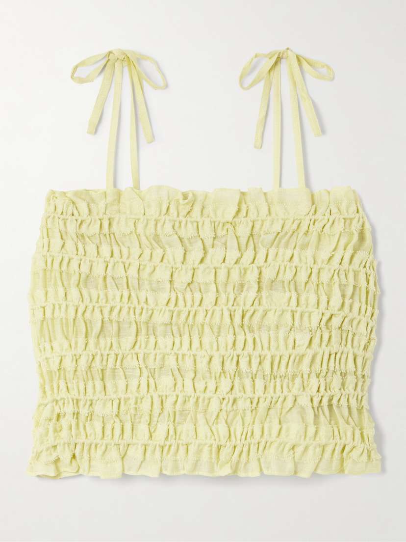 Tory Burch Cropped Frayed Shirred Lyocell-blend Top