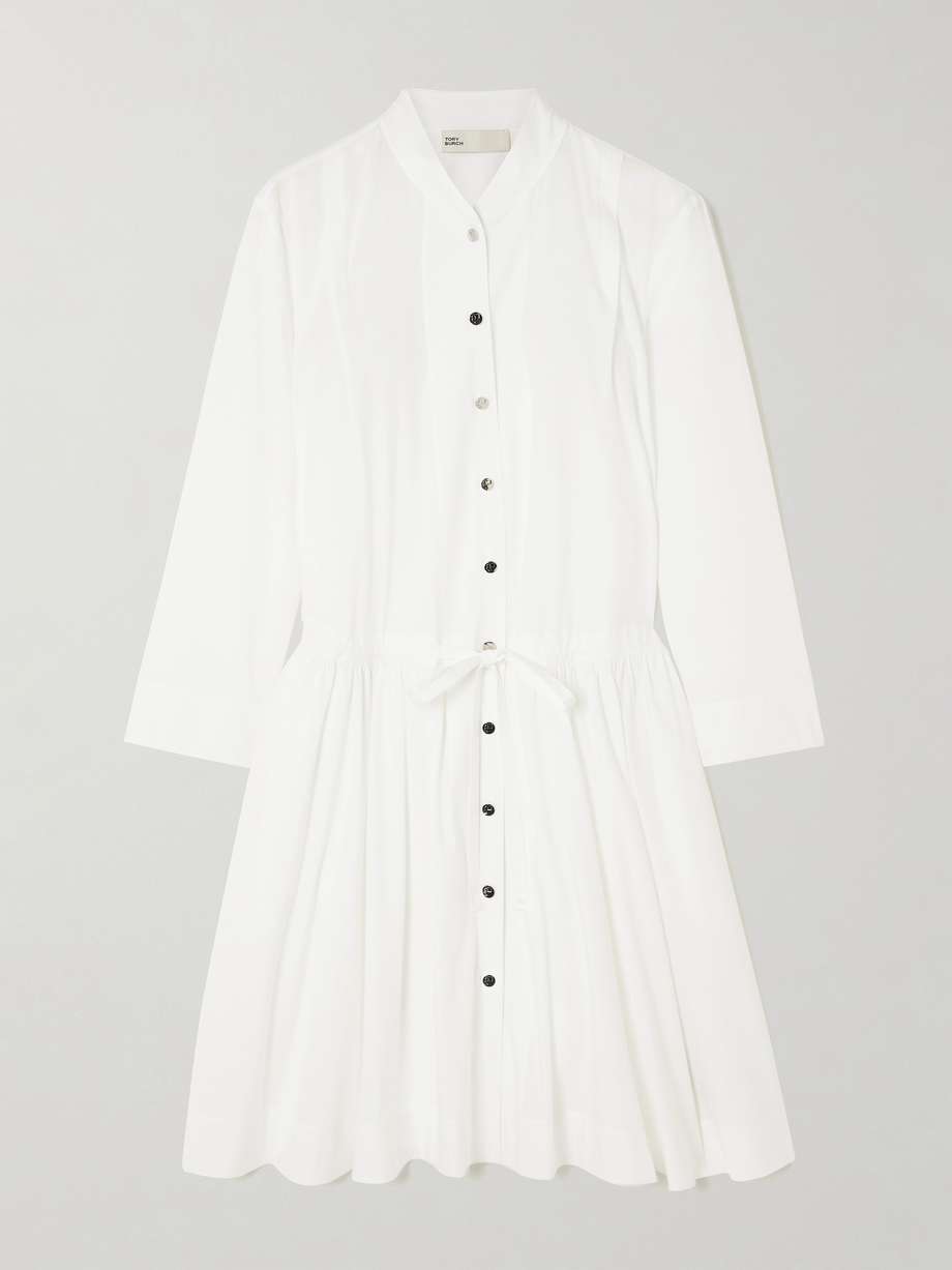 tie-detailed gathered cotton-poplin mini dress