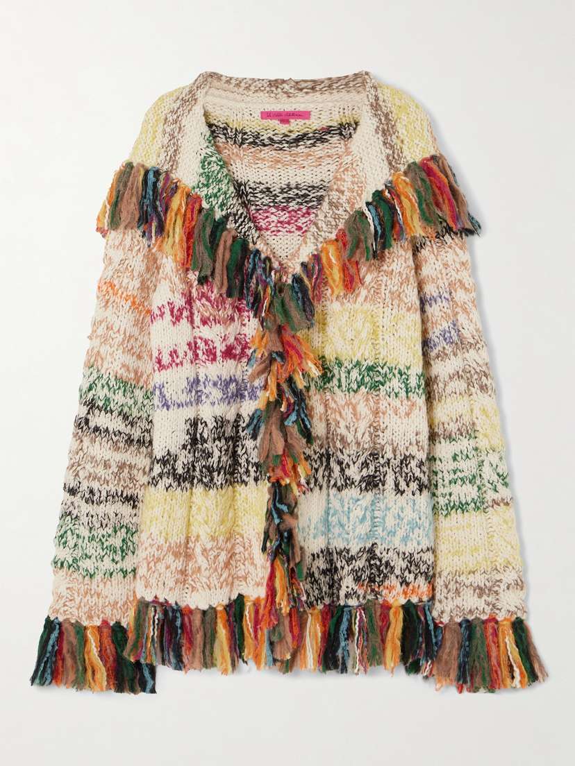 The Elder Statesman Run Ragged Hooded Fringed Striped Cable-knit Cotton Cardigan