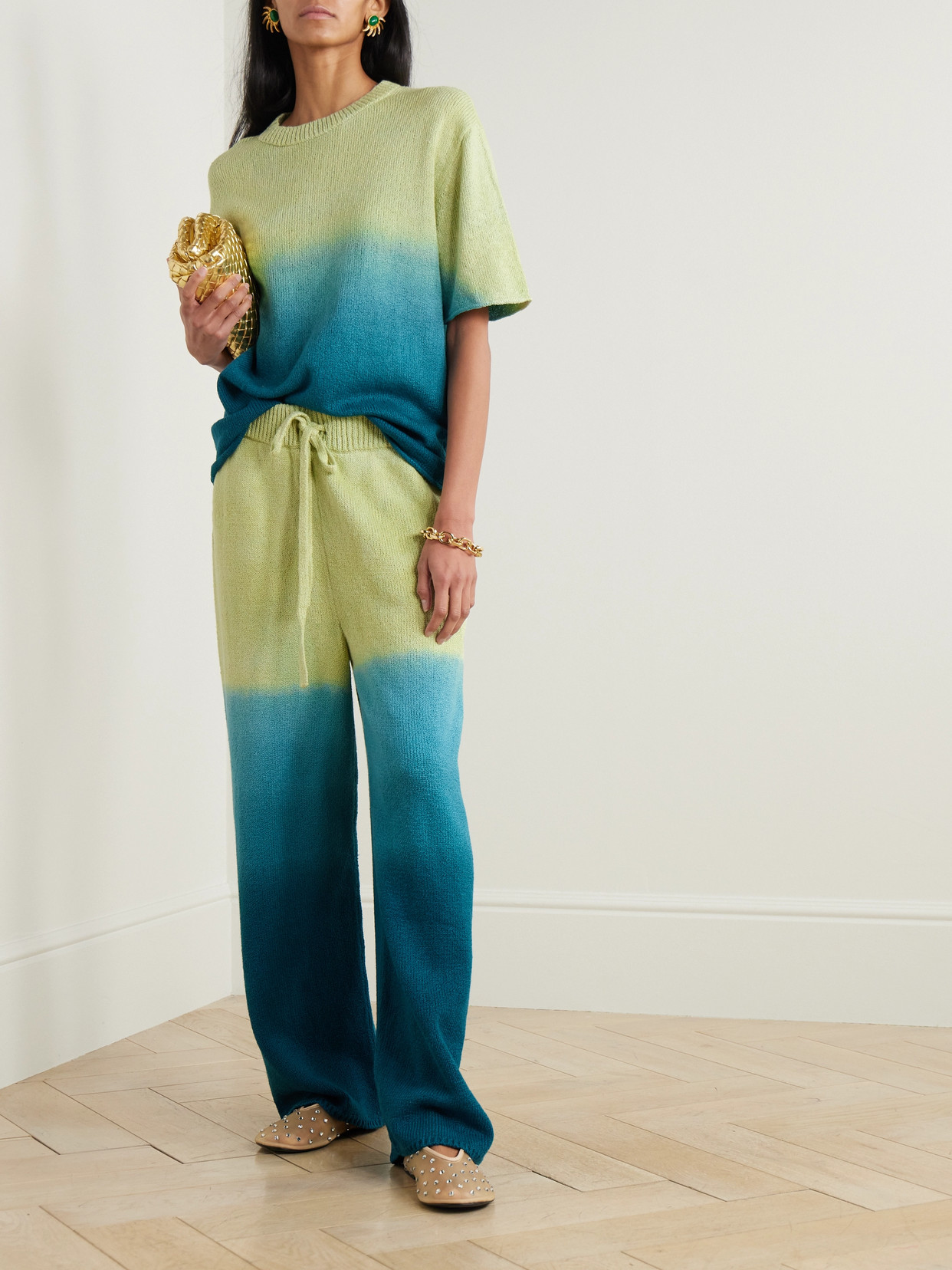The Elder Statesman Nora Lite Tie-dyed Cotton Wide-leg Pants In Green
