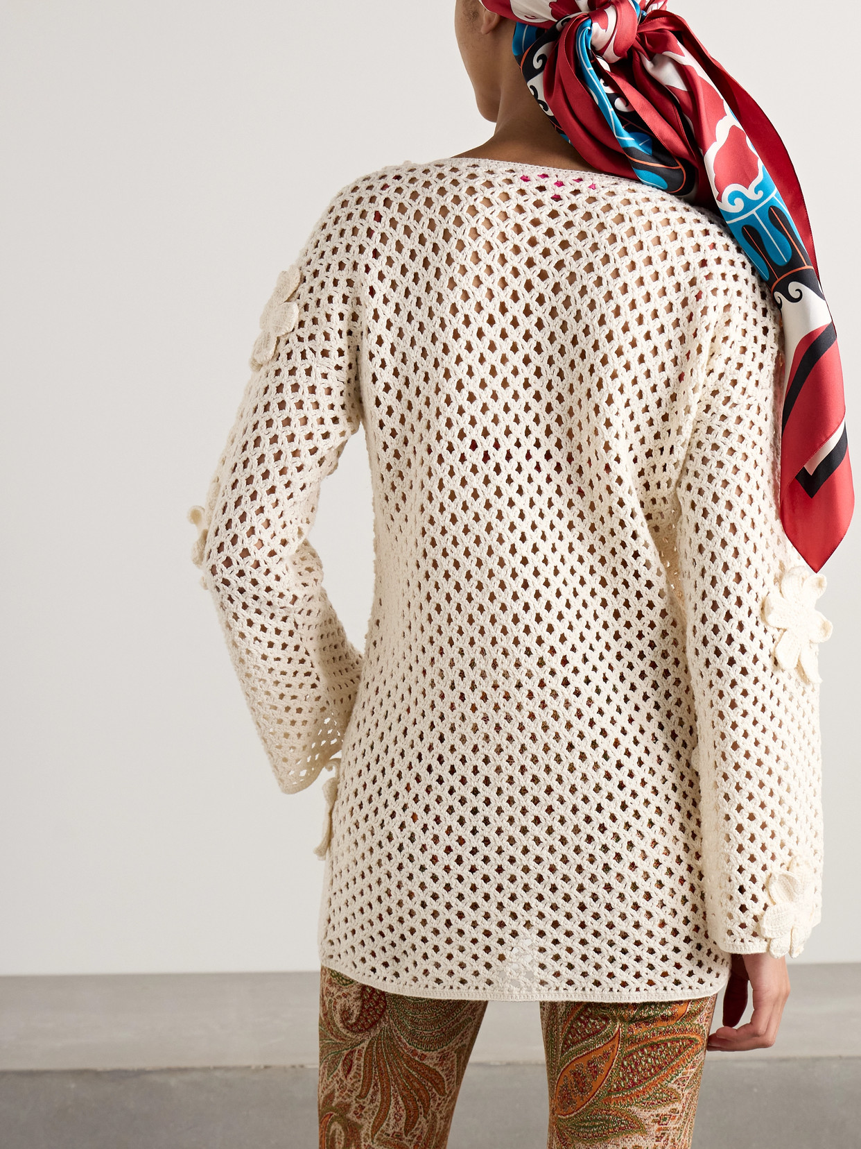 The Elder Statesman Appliquéd Open-knit Cotton Sweater In Ivory