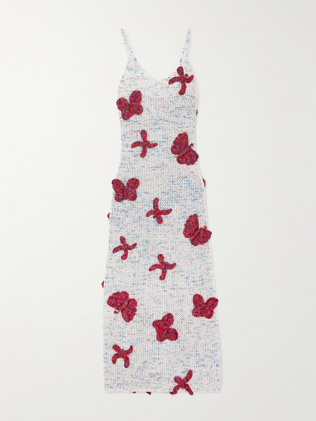 The Elder Statesman Butterfly Appliquéd Open-knit Cotton Midi Dress In Gray