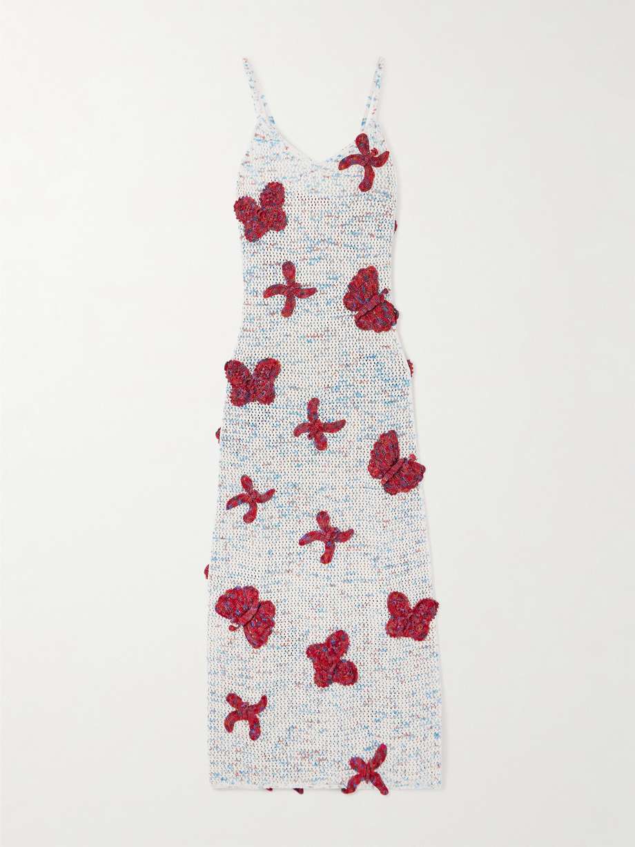 butterfly appliquéd open-knit cotton midi dress