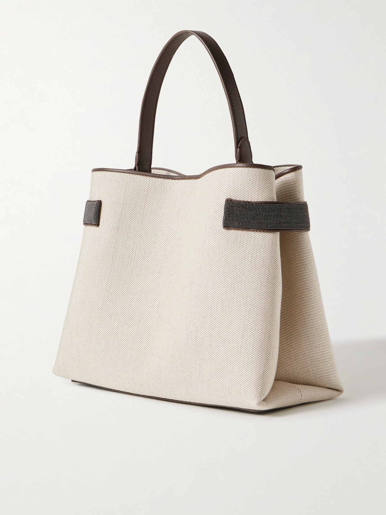 Brunello Cucinelli Bead-embellished Leather-trimmed Linen-twill Shoulder Bag In Cream