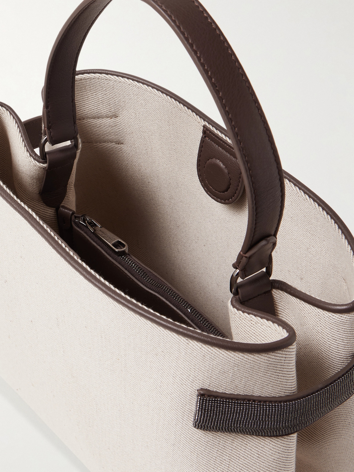 Brunello Cucinelli Bead-embellished Leather-trimmed Linen-twill Shoulder Bag In Cream