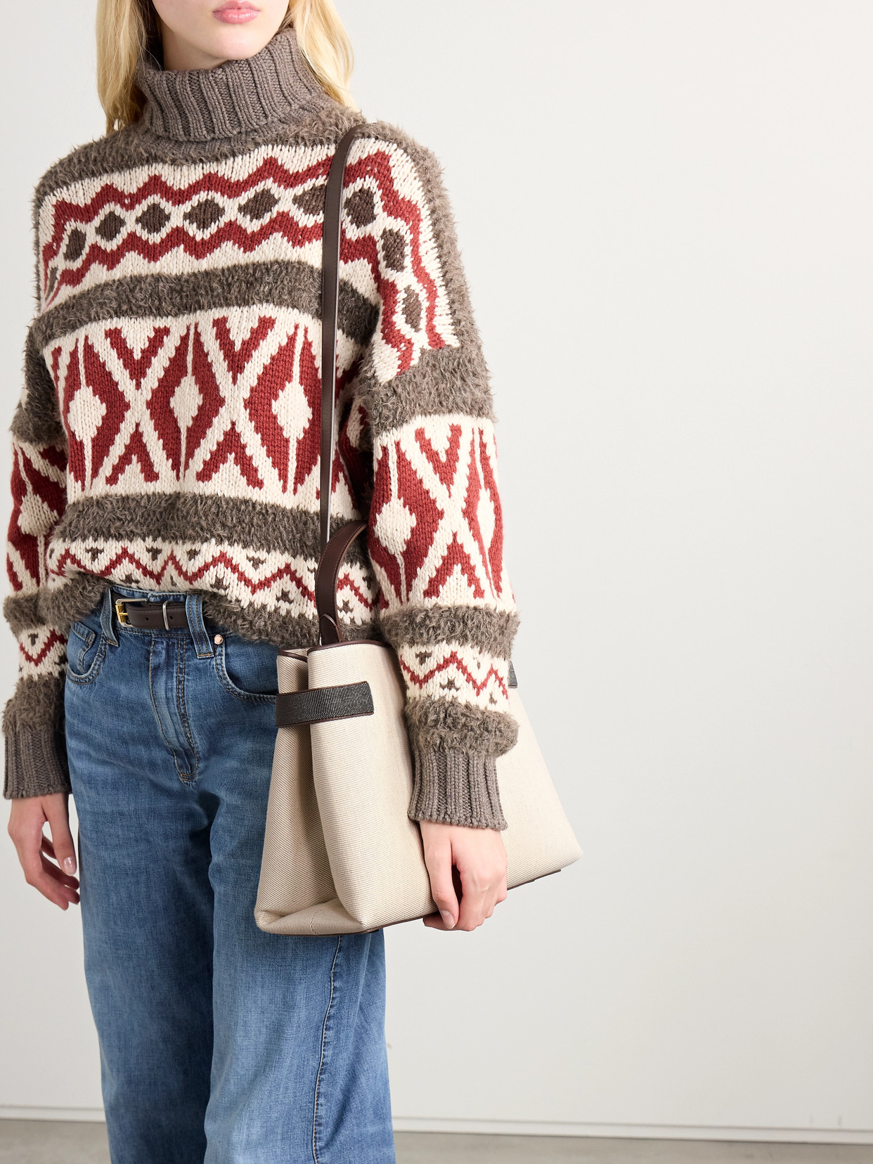 Brunello Cucinelli Bead-embellished Leather-trimmed Linen-twill Shoulder Bag In Cream
