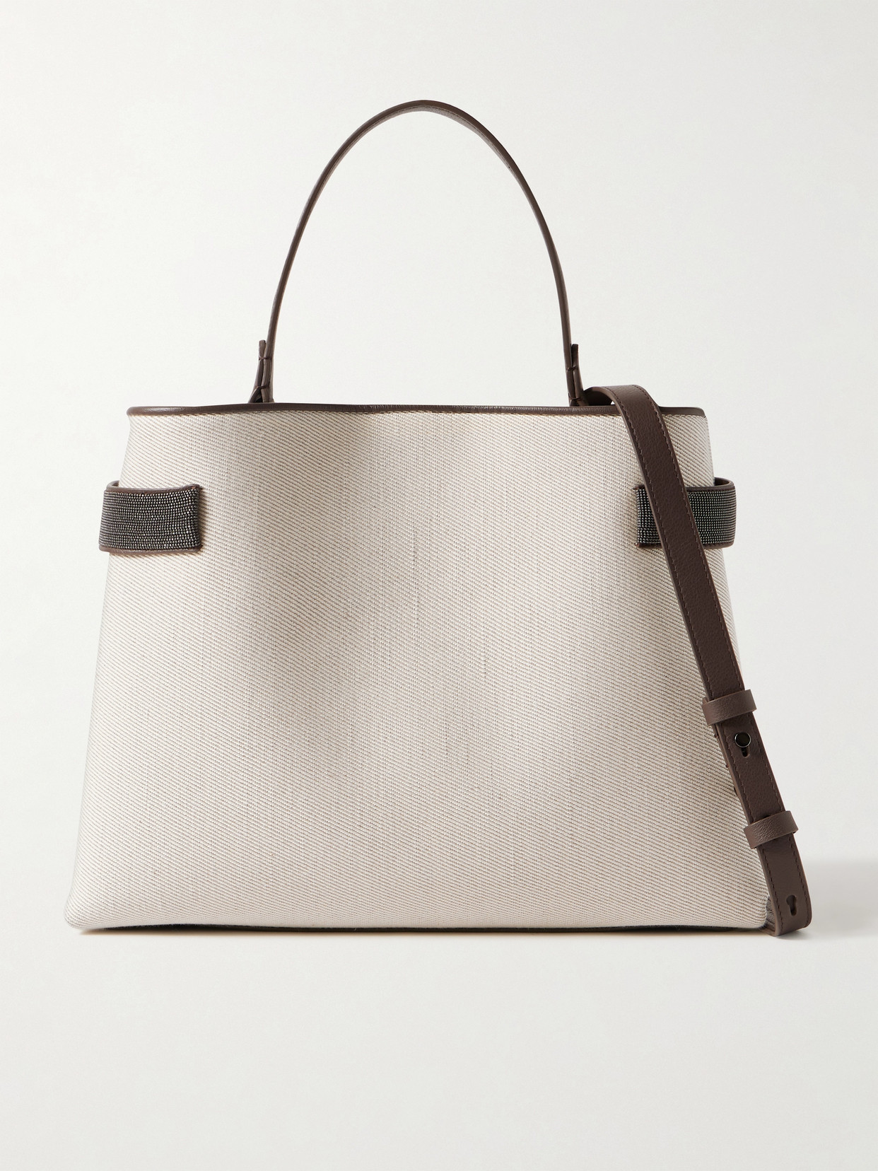 Brunello Cucinelli Bead-embellished Leather-trimmed Linen-twill Shoulder Bag In Cream