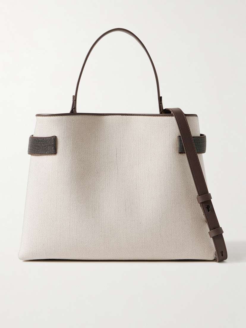 Brunello Cucinelli Bead-embellished Leather-trimmed Linen-twill Shoulder Bag