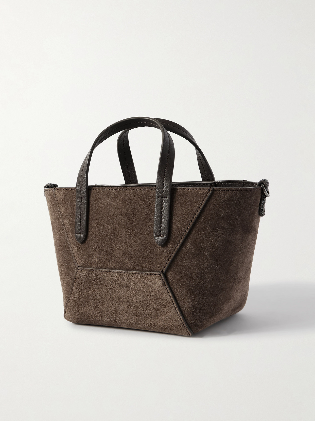 Brunello Cucinelli Bead-embellished Leather-trimmed Suede Tote In Brown