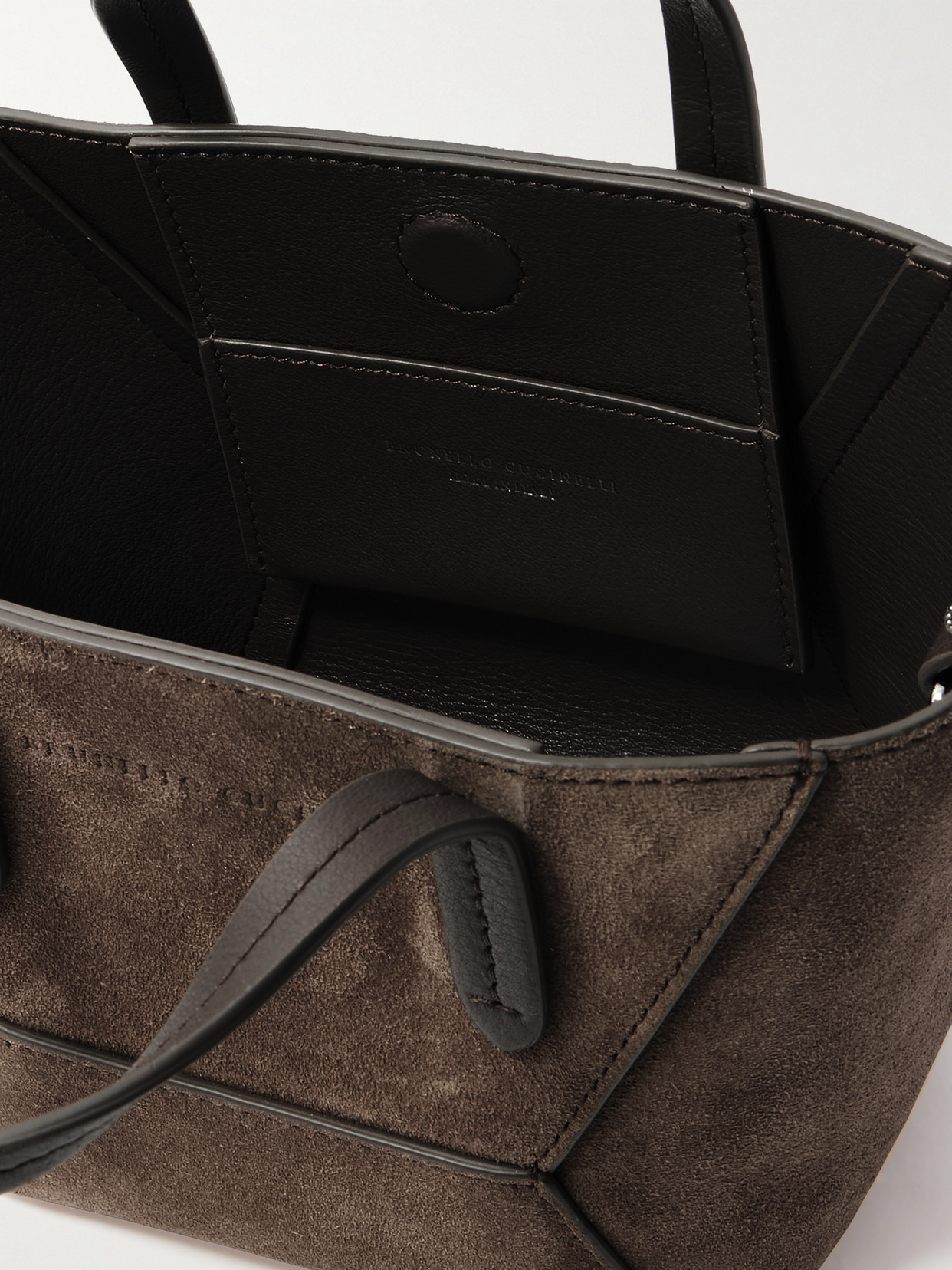 Brunello Cucinelli Bead-embellished Leather-trimmed Suede Tote In Brown