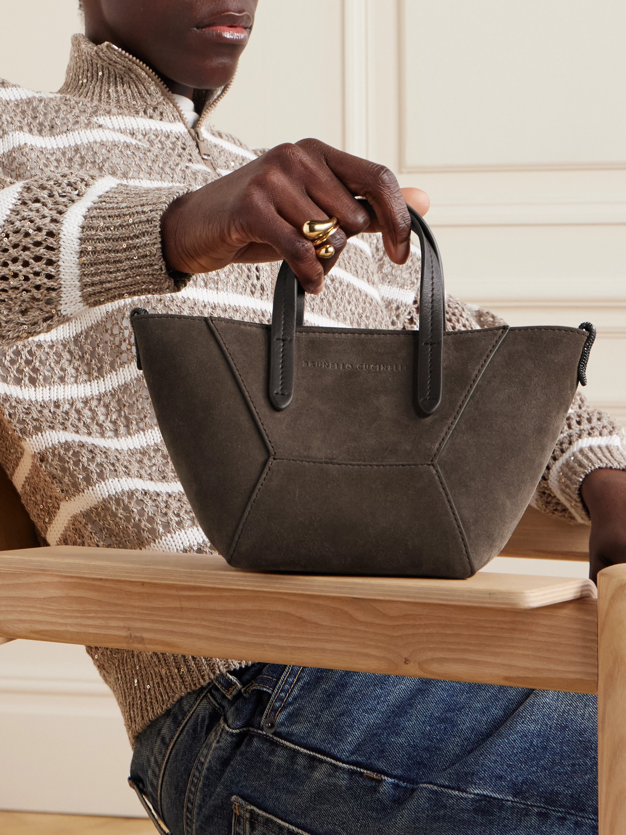 Brunello Cucinelli Bead-embellished Leather-trimmed Suede Tote In Brown