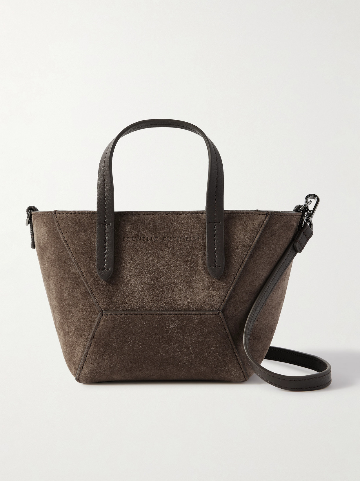 Brunello Cucinelli Bead-embellished Leather-trimmed Suede Tote In Brown
