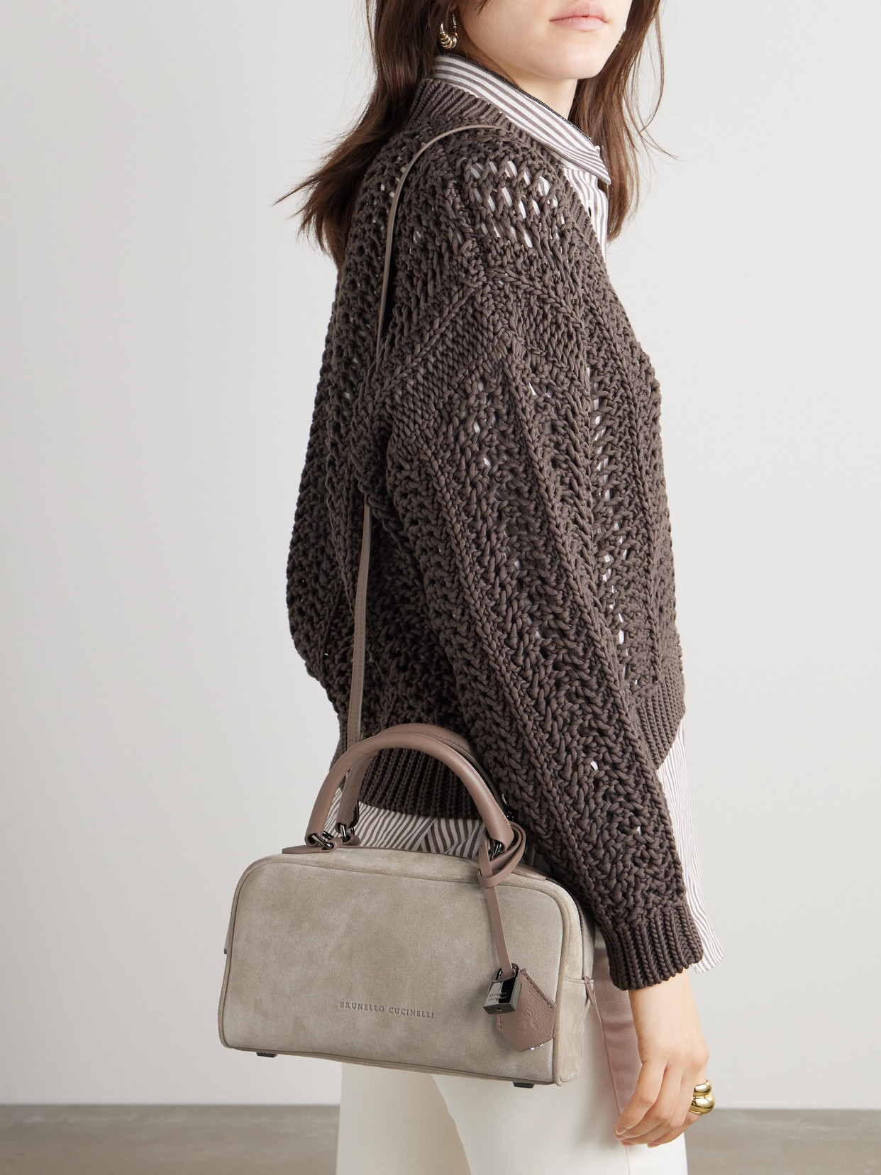 BRUNELLO CUCINELLI LEATHER-TRIMMED SUEDE SHOULDER BAG
