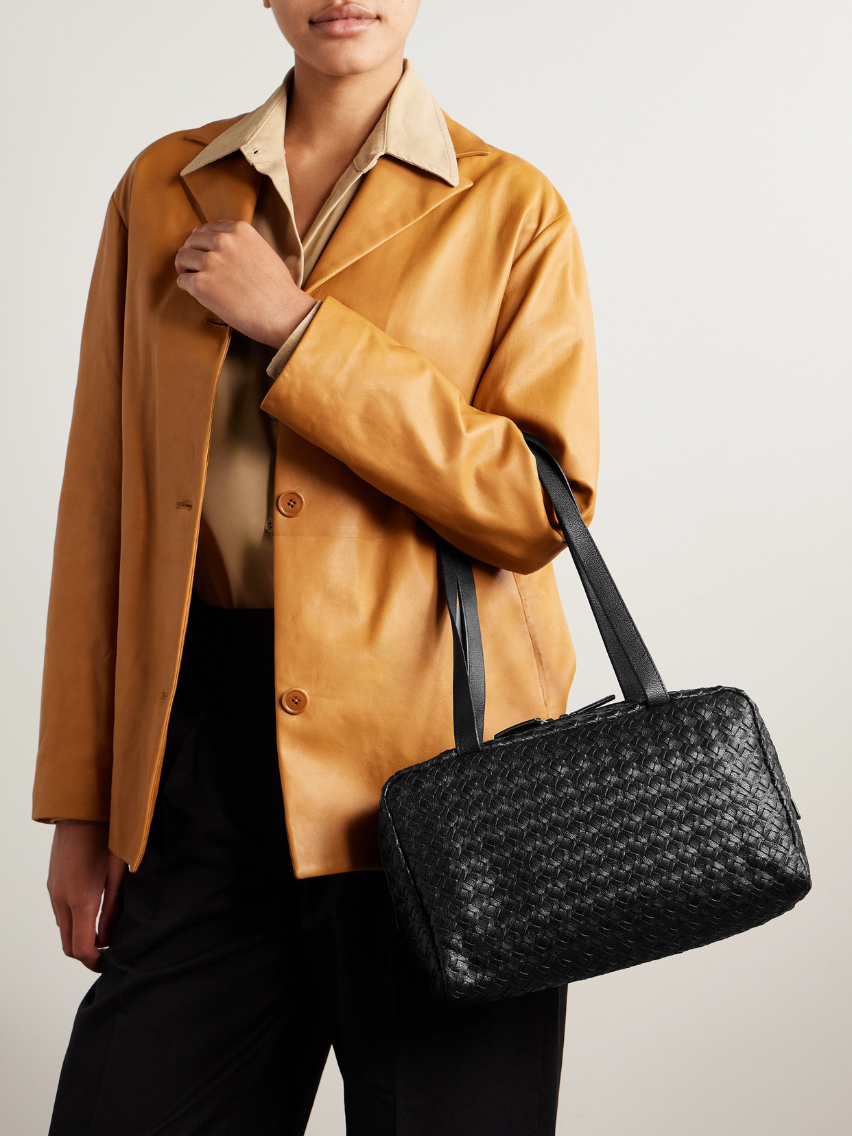 The Row Astra Woven Leather Shoulder Bag In Black