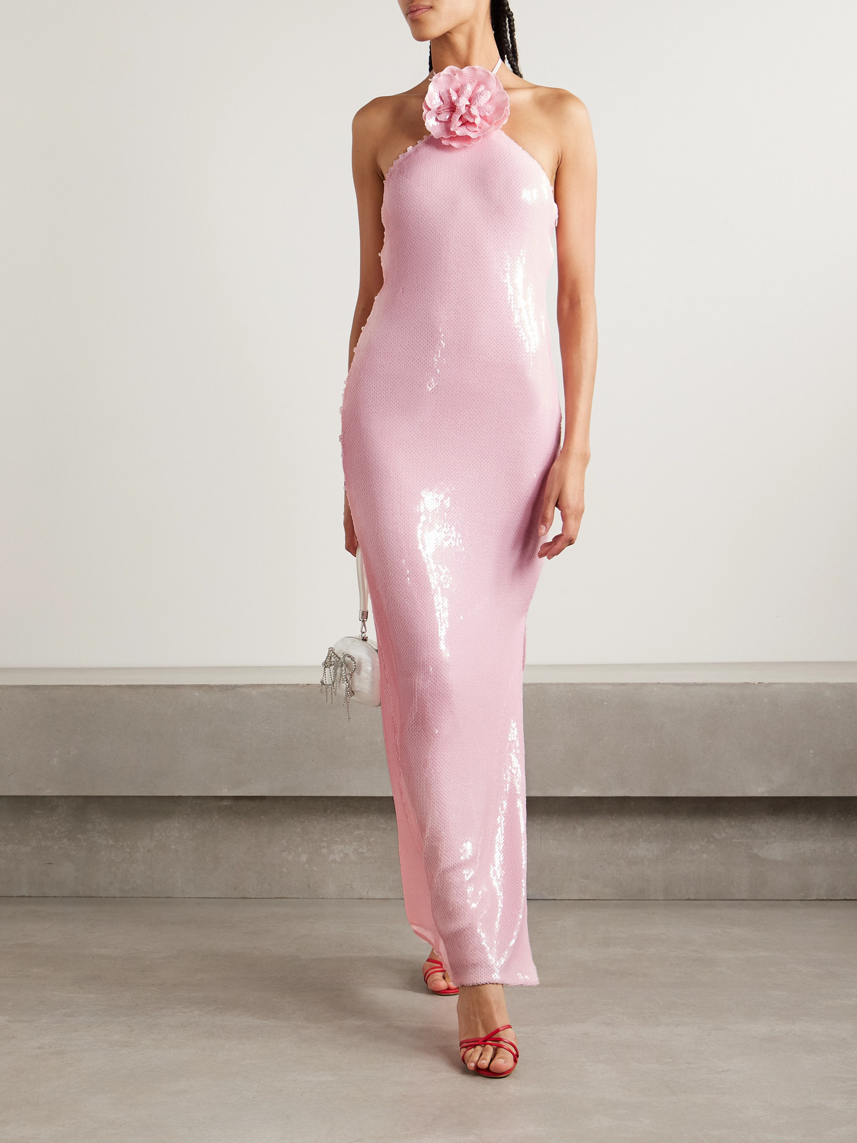Rodarte Appliquéd Sequined Tulle Halterneck Gown In Pink