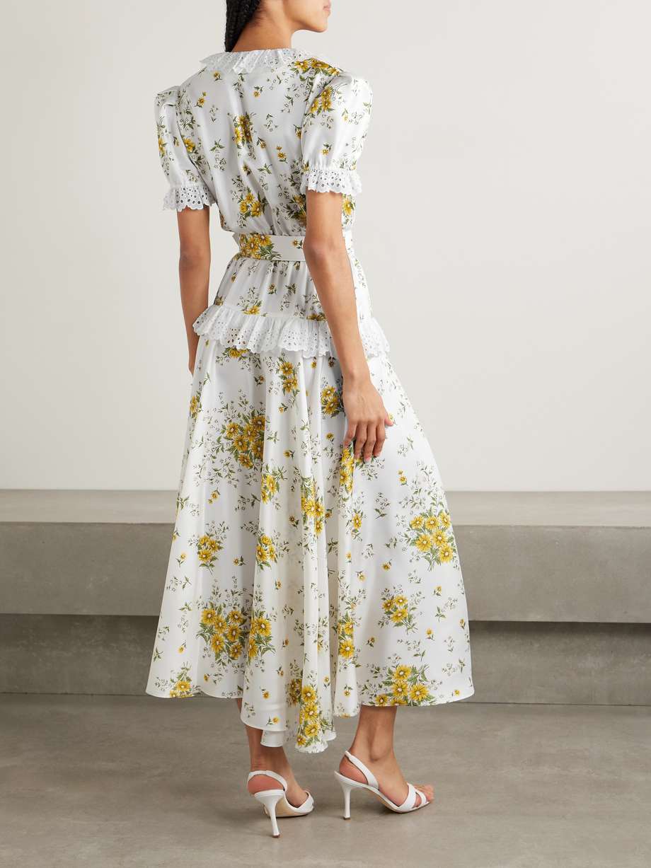 belted broderie anglaise cotton-trimmed floral-print silk-twill maxi dress