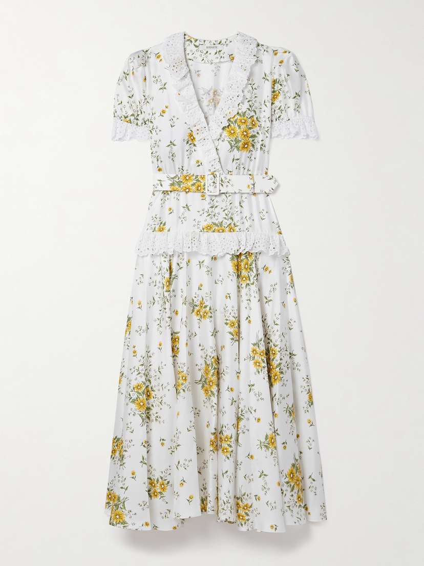 Rodarte Belted Broderie Anglaise Cotton-trimmed Floral-print Silk-twill Maxi Dress