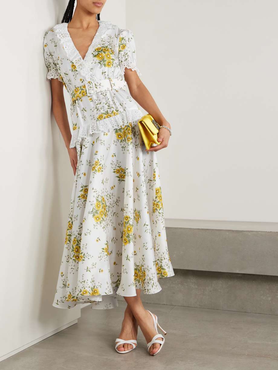 belted broderie anglaise cotton-trimmed floral-print silk-twill maxi dress