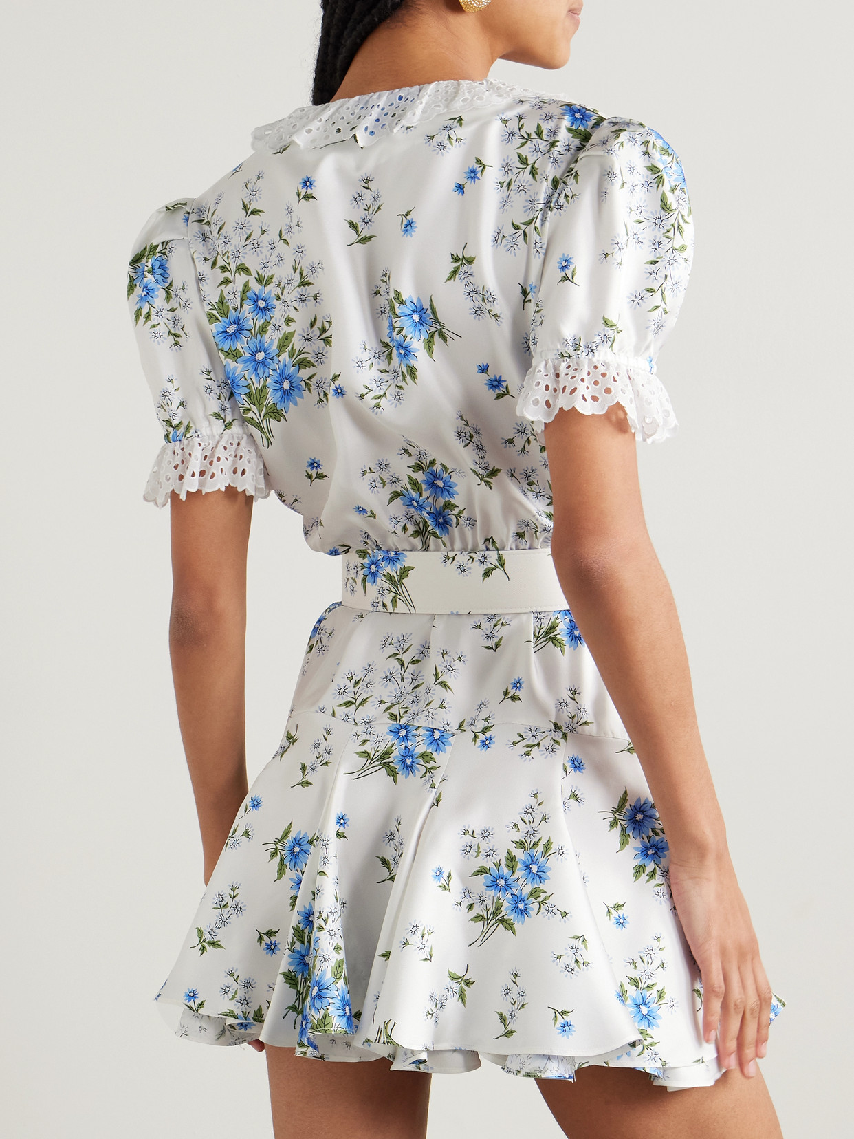 Rodarte Belted Broderie Anglaise Cotton-trimmed Floral-print Silk-twill Mini Dress In White