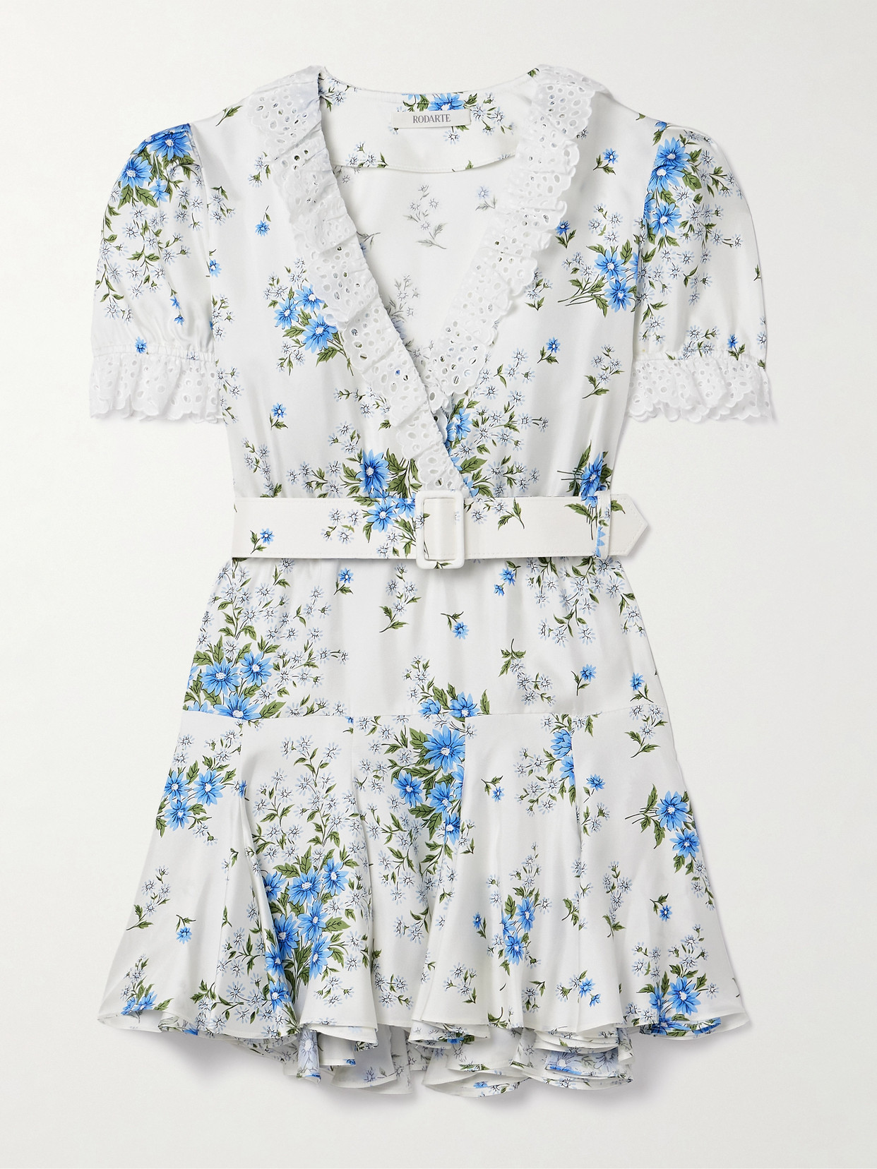 Rodarte Belted Broderie Anglaise Cotton-trimmed Floral-print Silk-twill Mini Dress In White