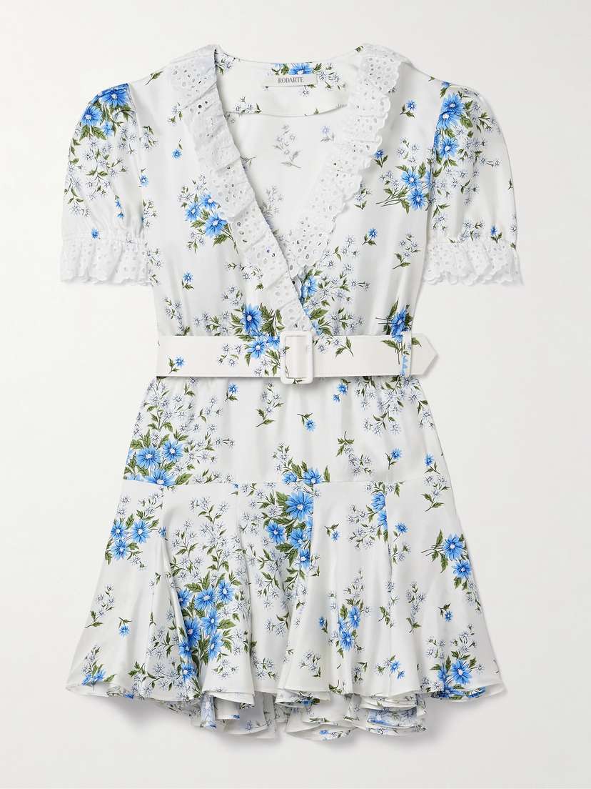 Rodarte Belted Broderie Anglaise Cotton-trimmed Floral-print Silk-twill Mini Dress