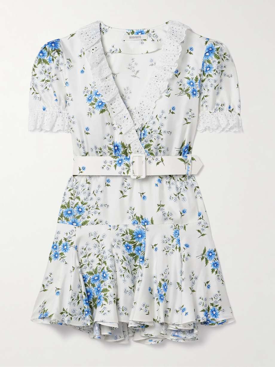 belted broderie anglaise cotton-trimmed floral-print silk-twill mini dress