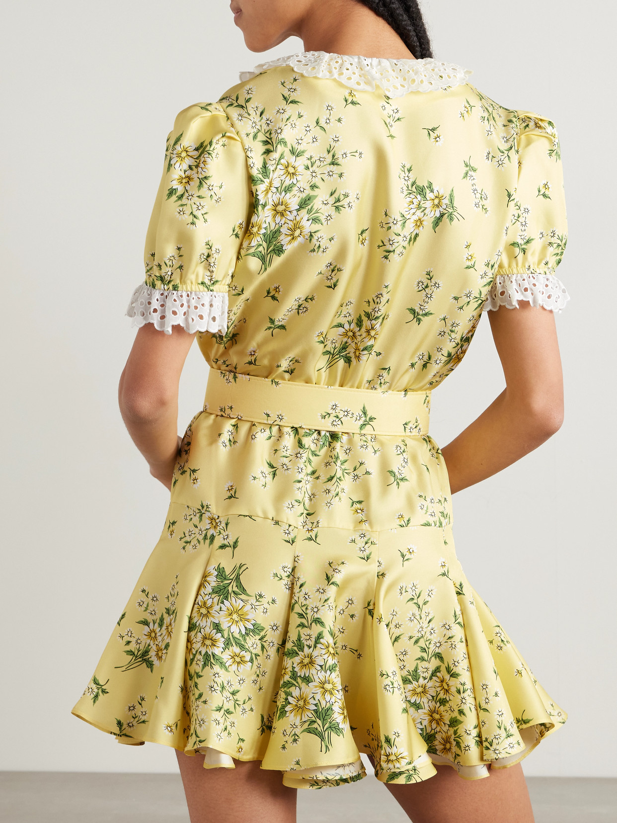 RODARTE BELTED BRODERIE ANGLAISE COTTON-TRIMMED FLORAL-PRINT SILK-TWILL MINI DRESS