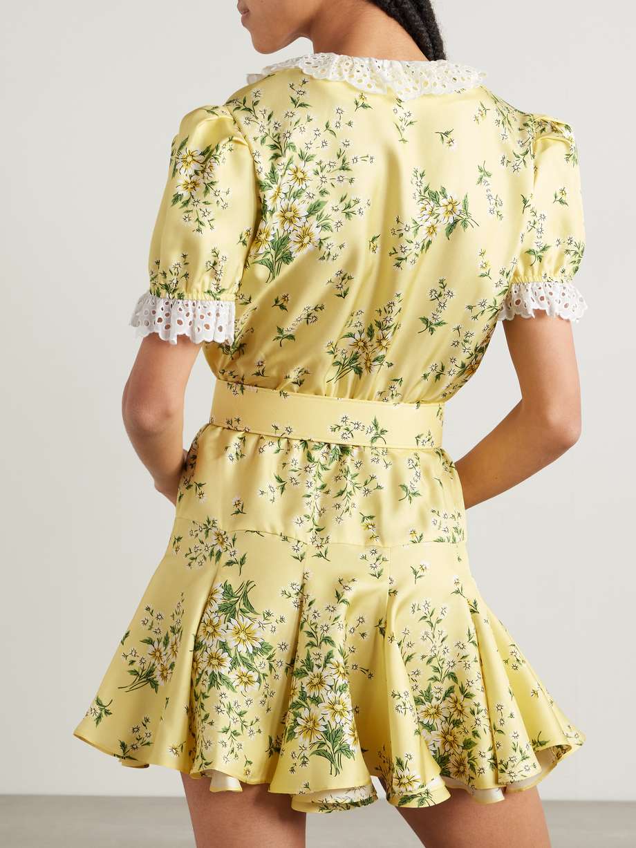 belted broderie anglaise cotton-trimmed floral-print silk-twill mini dress