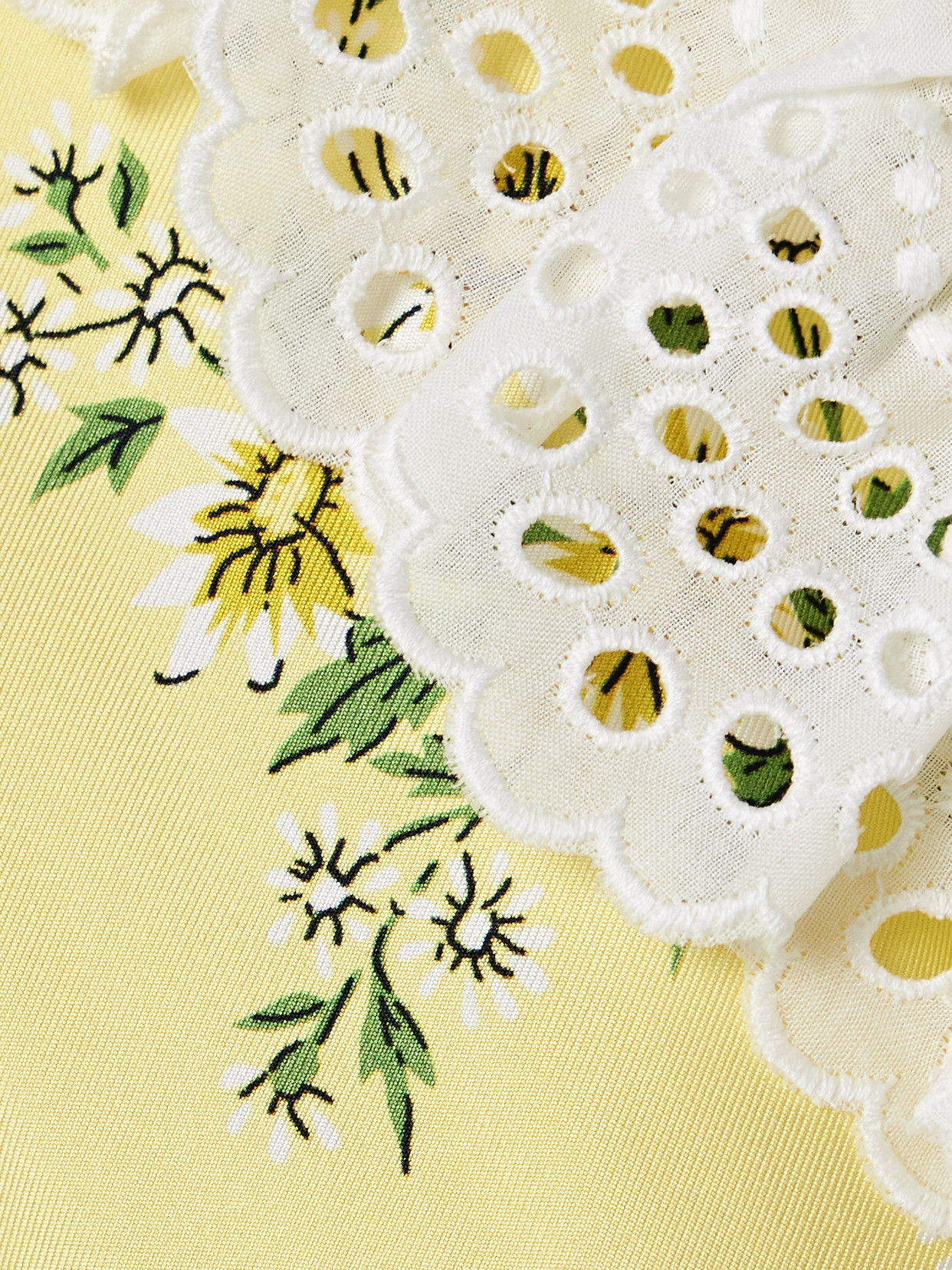 RODARTE BELTED BRODERIE ANGLAISE COTTON-TRIMMED FLORAL-PRINT SILK-TWILL MINI DRESS