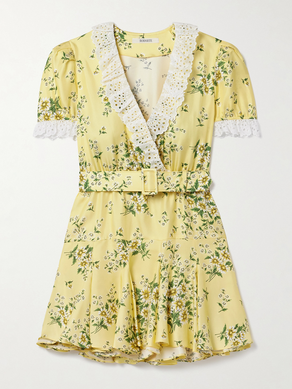 Rodarte Belted Broderie Anglaise Cotton-trimmed Floral-print Silk-twill Mini Dress In Yellow