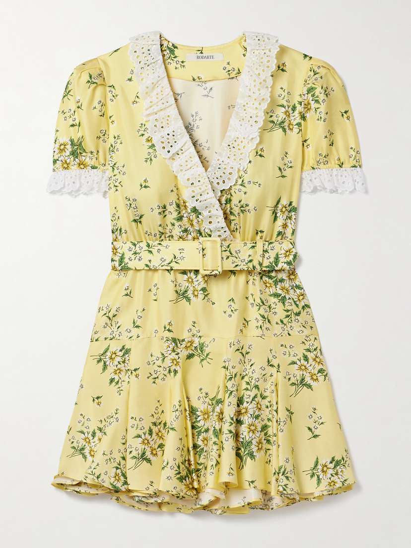 Rodarte Belted Broderie Anglaise Cotton-trimmed Floral-print Silk-twill Mini Dress