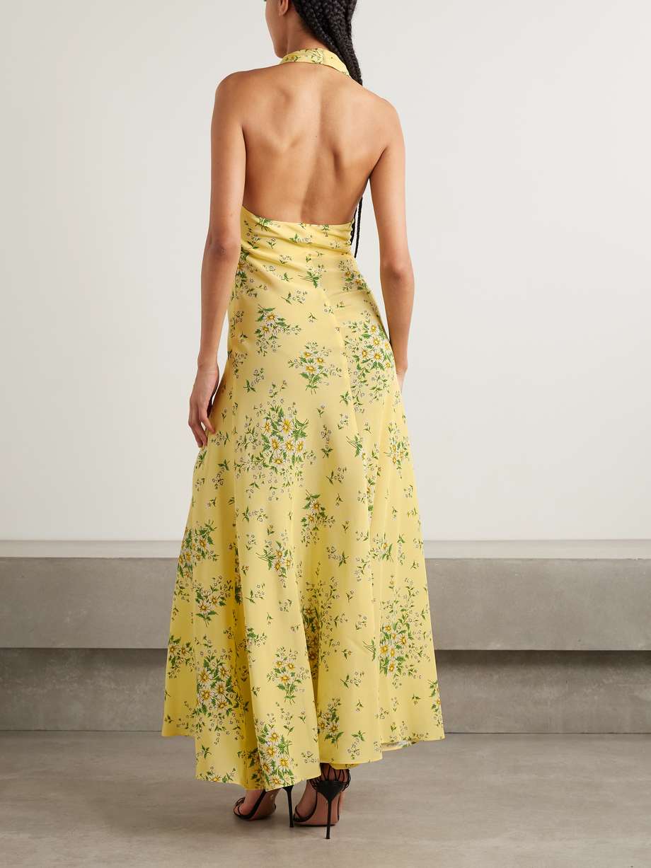 appliquéd floral-print silk crepe de chine halterneck gown