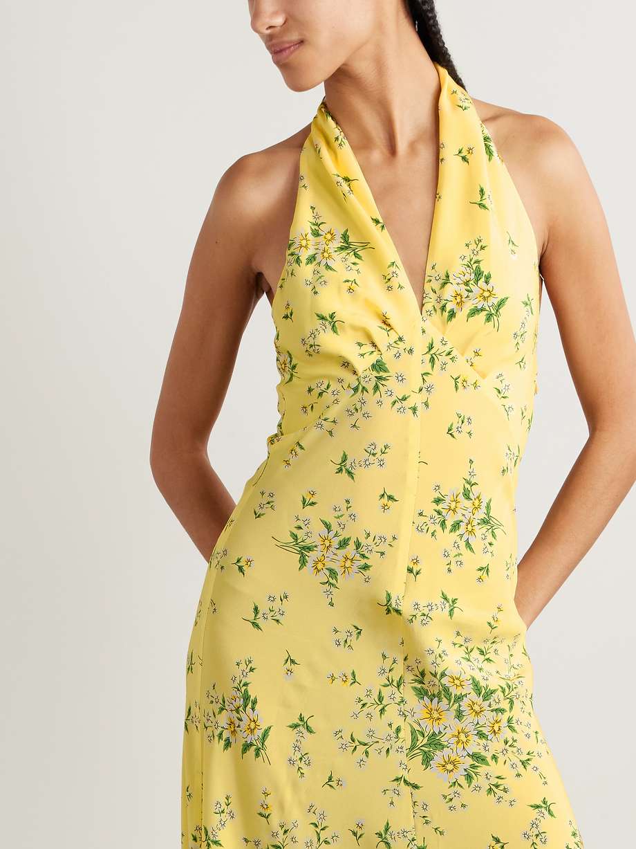 appliquéd floral-print silk crepe de chine halterneck gown