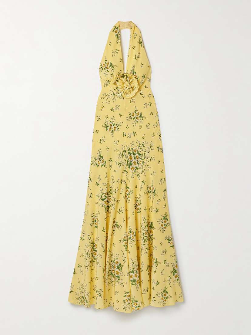 Rodarte Appliquéd Floral-print Silk Crepe De Chine Halterneck Gown