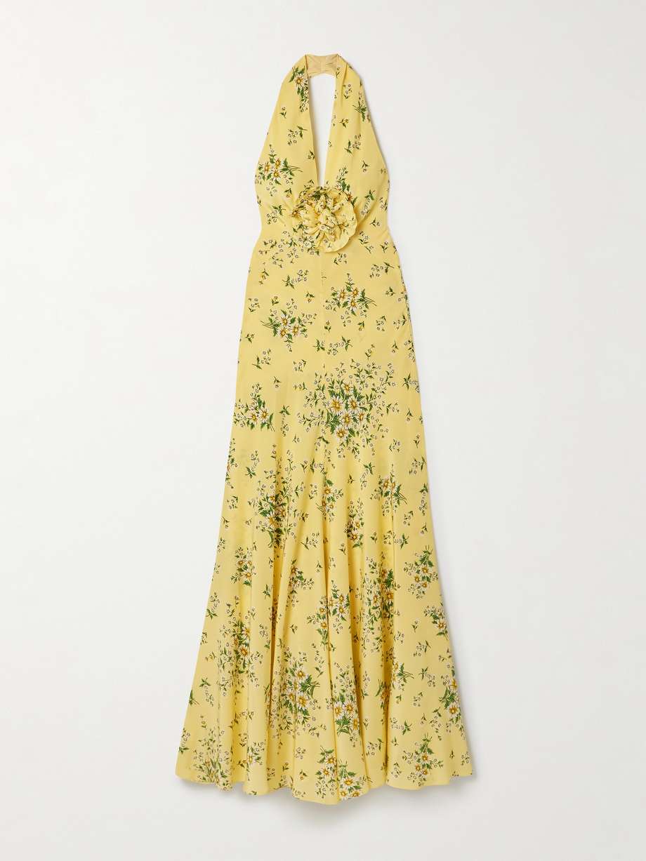 appliquéd floral-print silk crepe de chine halterneck gown