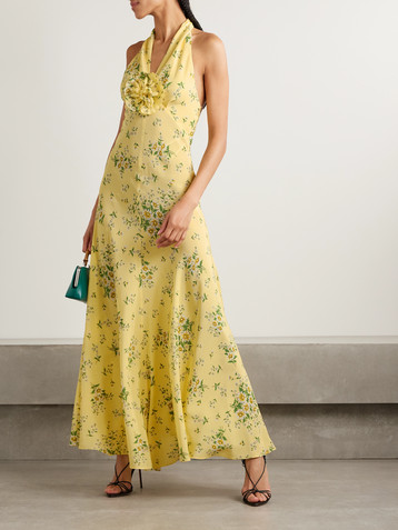 Rodarte Appliquéd floral-print silk crepe de chine halterneck gown