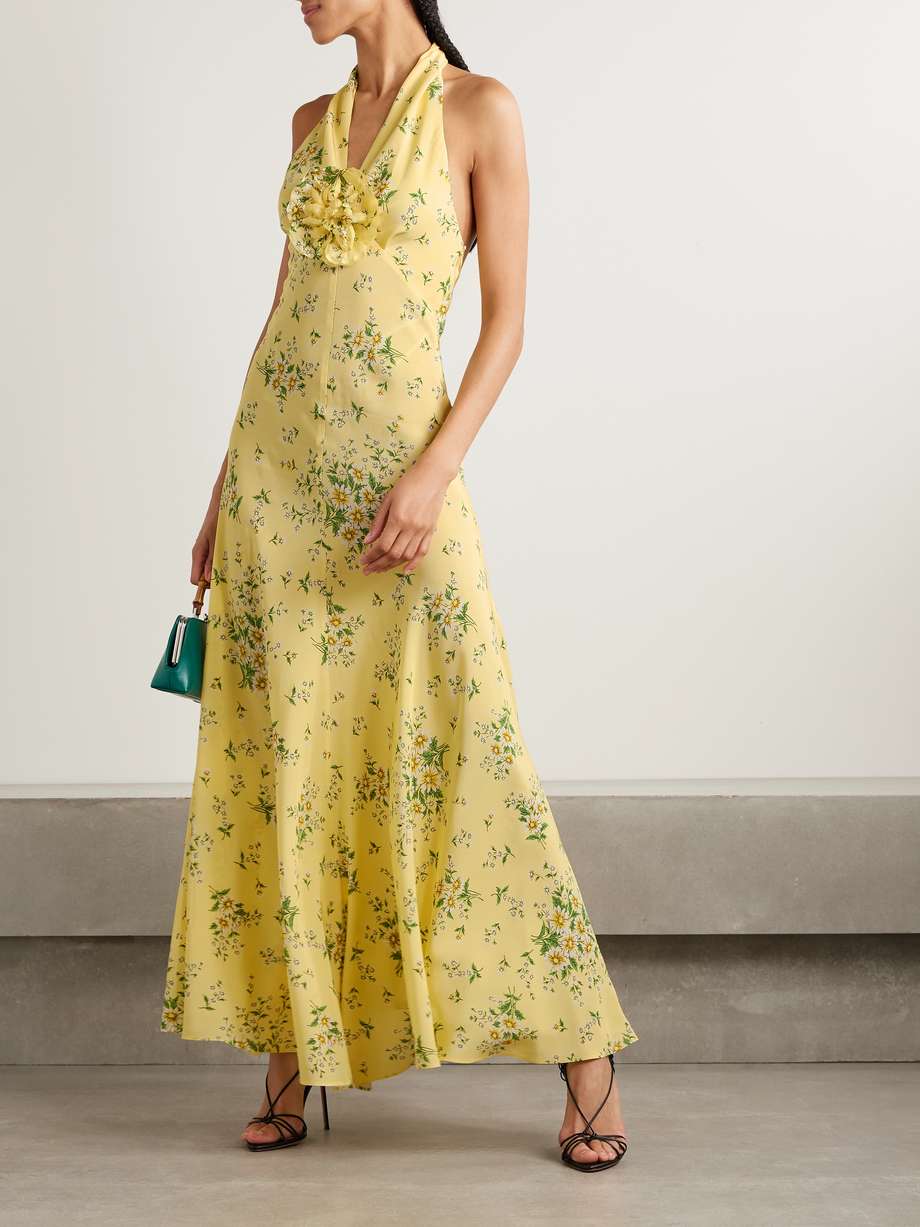 appliquéd floral-print silk crepe de chine halterneck gown