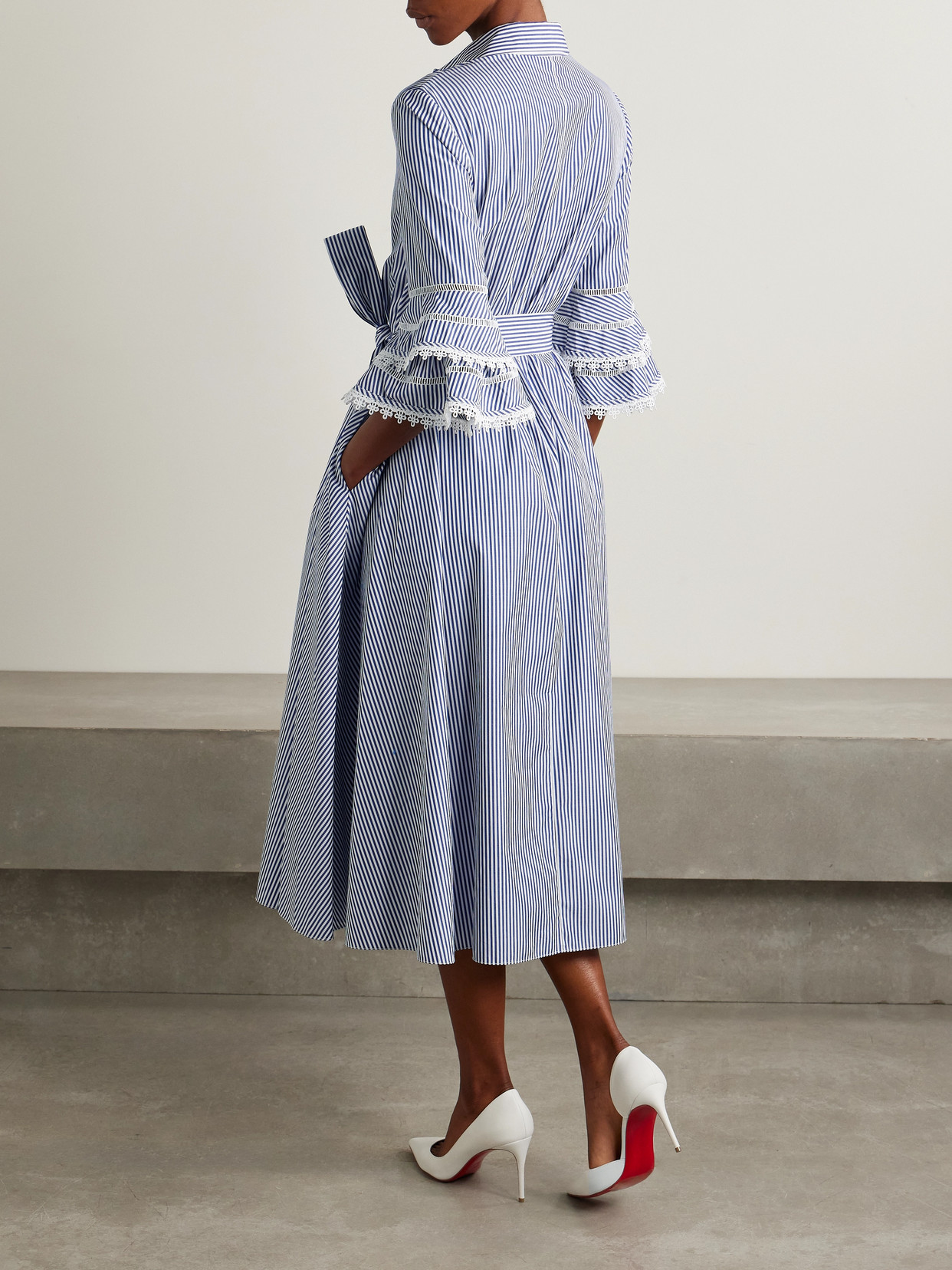 Carolina Herrera Belted Guipure Lace-trimmed Striped Cotton-poplin Midi Shirt Dress In Blue