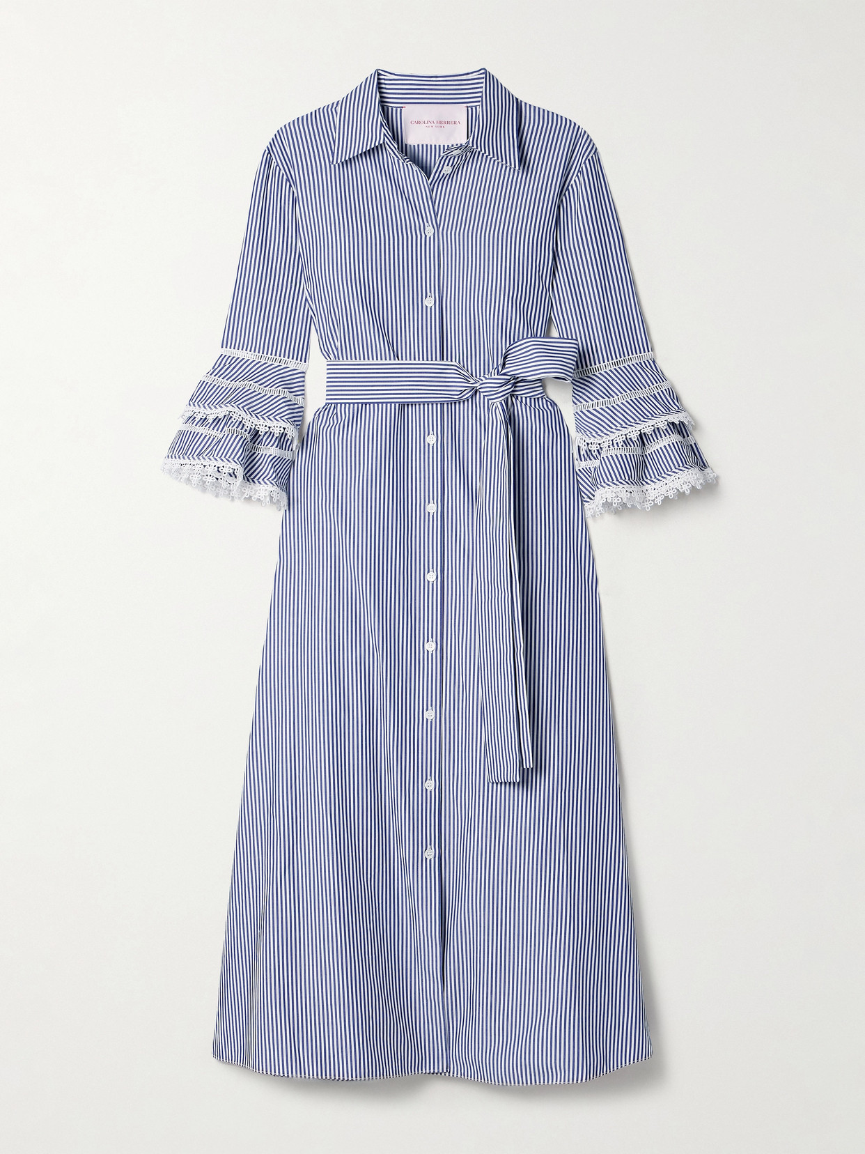 Carolina Herrera - Belted Guipure Lace-trimmed Striped Cotton-poplin Midi Shirt Dress - Blue
