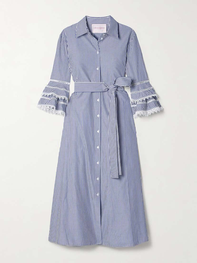 Carolina Herrera Belted Guipure Lace-trimmed Striped Cotton-poplin Midi Shirt Dress