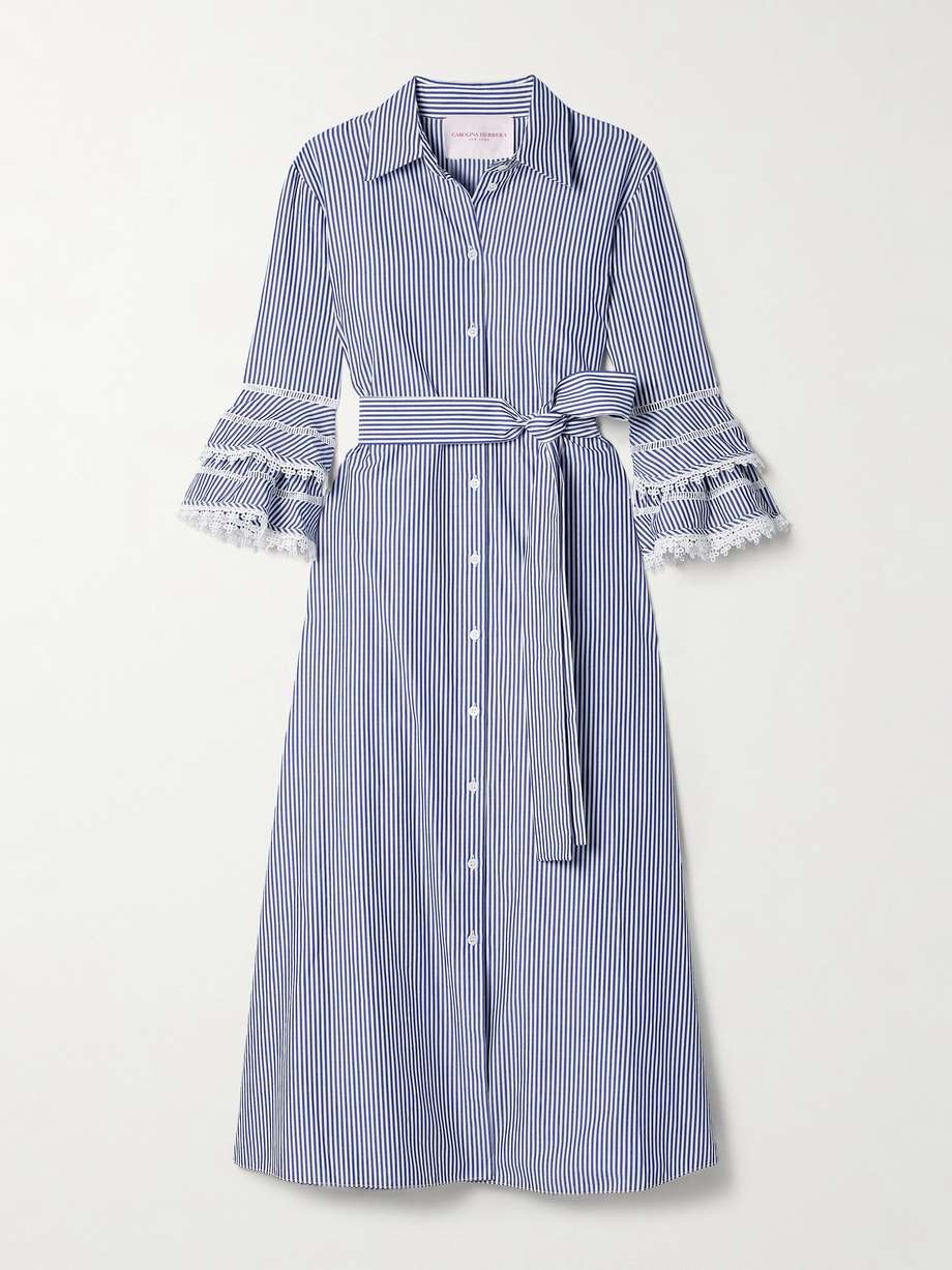 belted guipure lace-trimmed striped cotton-poplin midi shirt dress