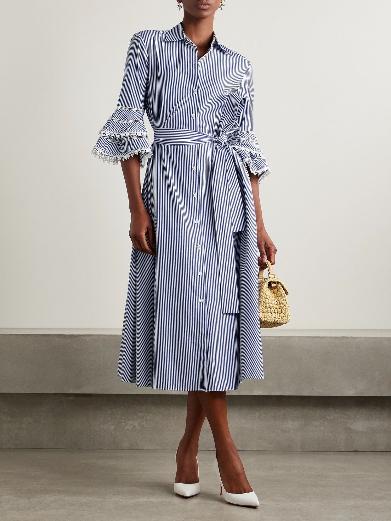Carolina Herrera Belted Guipure Lace-trimmed Striped Cotton-poplin Midi Shirt Dress In Blue