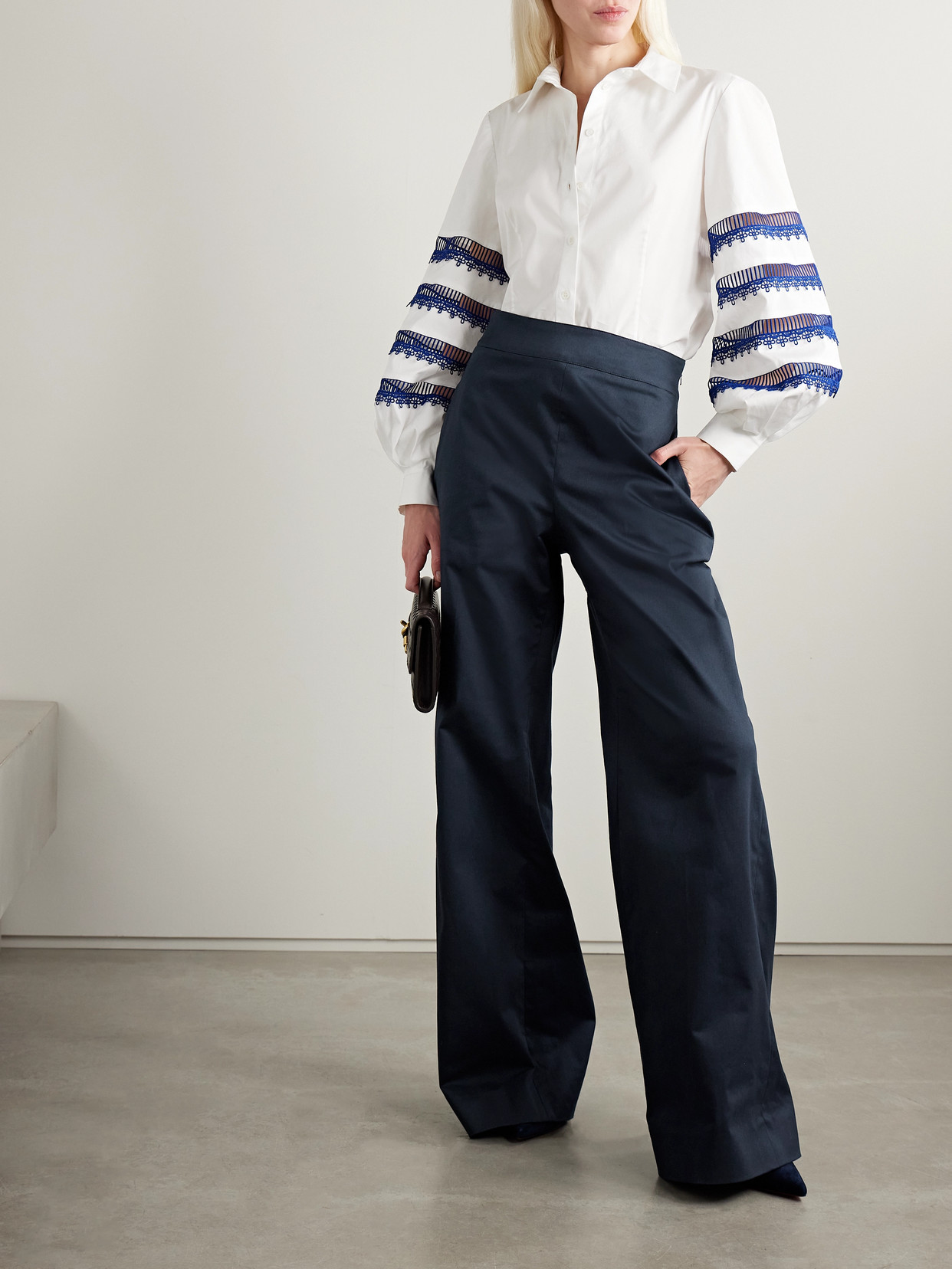 Shop Carolina Herrera Cotton-blend Sateen Wide-leg Pants