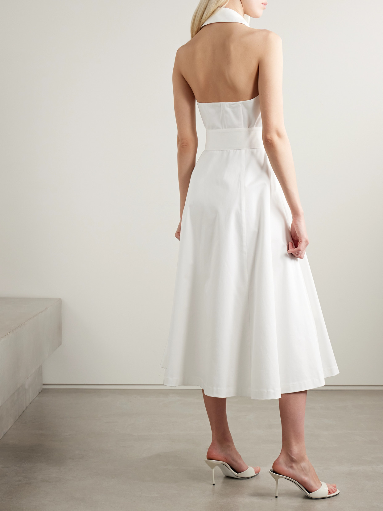 Carolina Herrera Belted Cotton-blend Sateen Halterneck Midi Shirt Dress