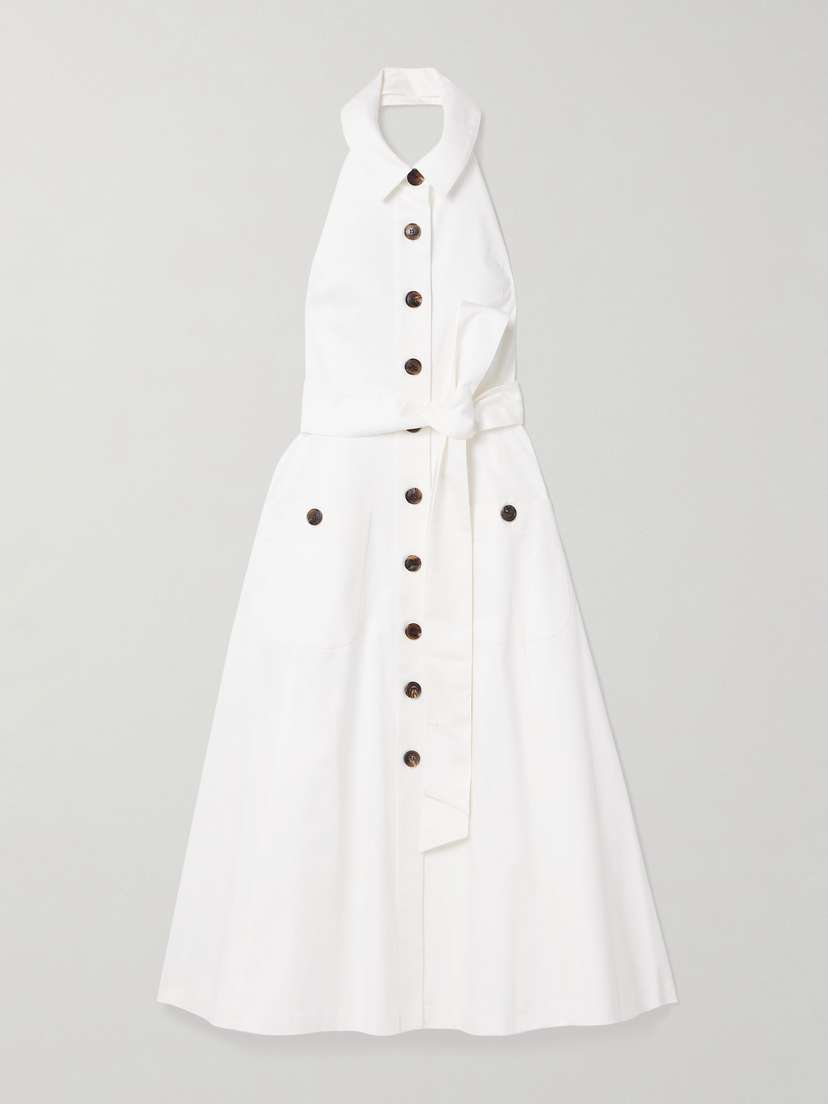 Carolina Herrera Belted Cotton-blend Sateen Halterneck Midi Shirt Dress