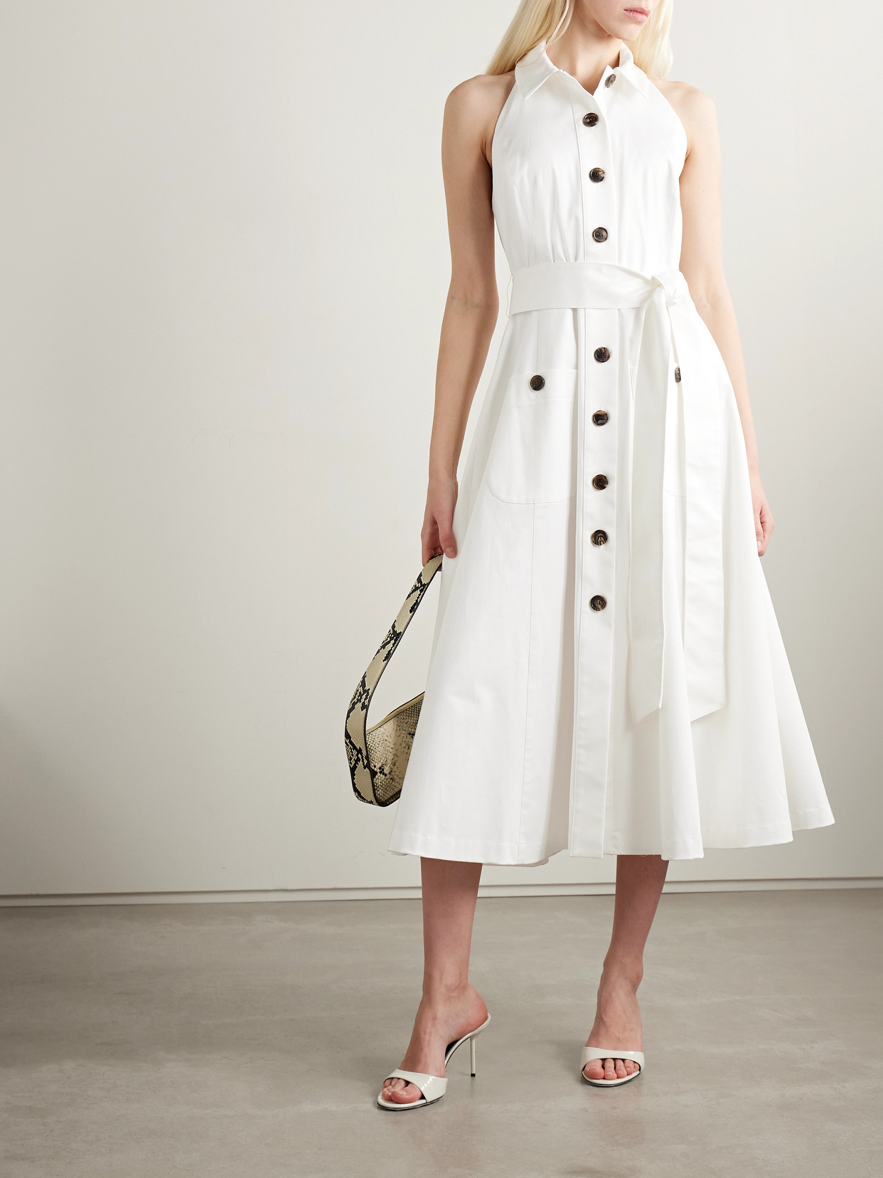 Carolina Herrera Belted Cotton-blend Sateen Halterneck Midi Shirt Dress