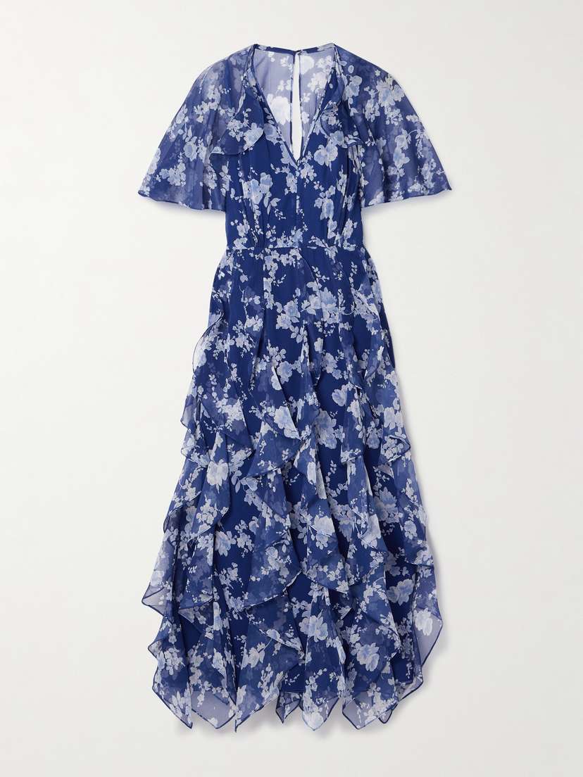 Carolina Herrera Cape-effect Ruffled Floral-print Silk-crepon Midi Dress