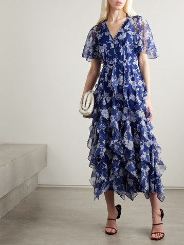 Carolina Herrera Cape-effect ruffled floral-print silk-crepon midi dress