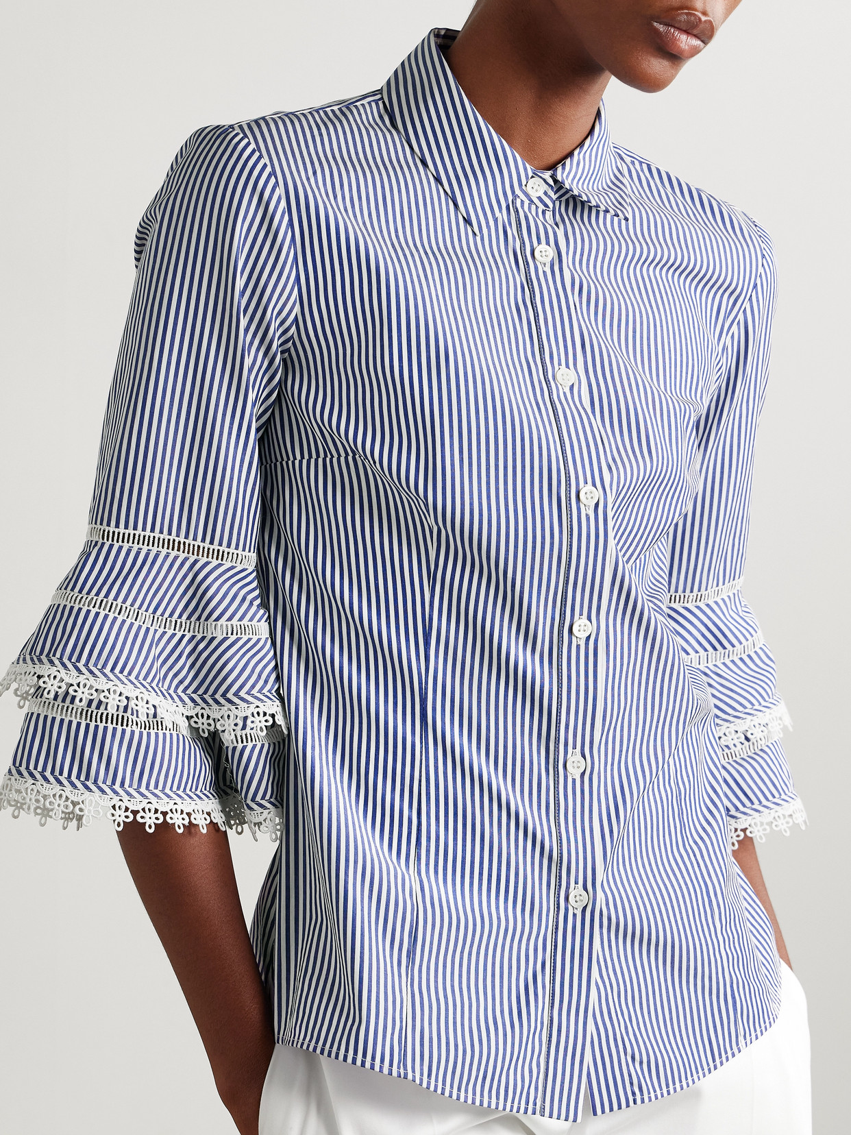 Carolina Herrera Ruffled Guipure Lace-trimmed Striped Cotton-poplin Shirt In Blue